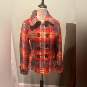 Body Central Red and Orange Plaid Pea Coat